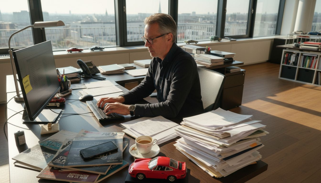 Kfz-Sachverständiger schätzt den Wert eines Fahrzeugs im Büro ein.
