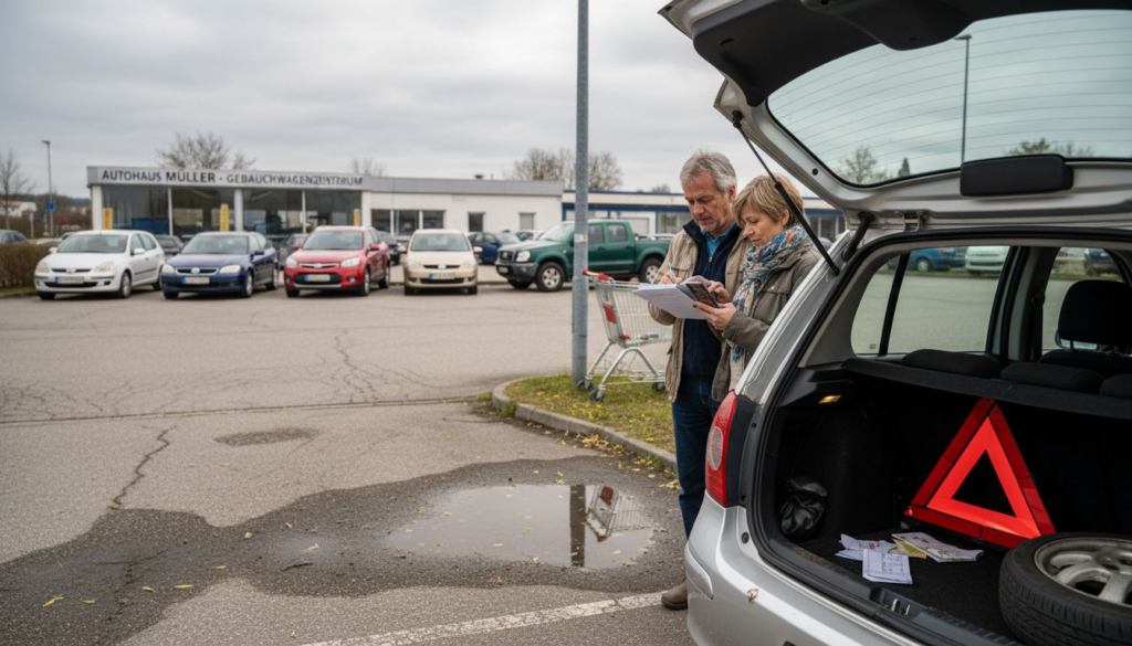 Ein Paar schaut sich auf dem Gebrauchtwagenplatz verschiedene Autos an und vergleicht die Angebote.
